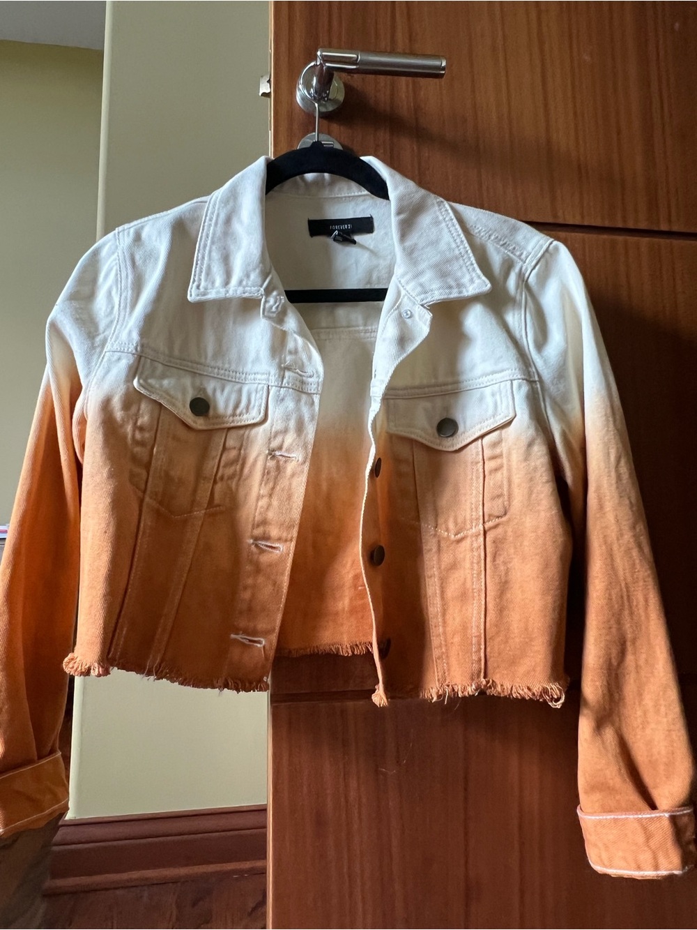 Forever 21 White to Orange Ombre Cropped Denim Jacket